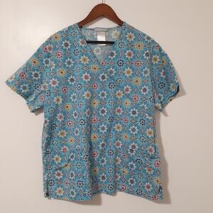 SB Scrubs Floral Print Scrub Top Size Large V-Neck Pockets